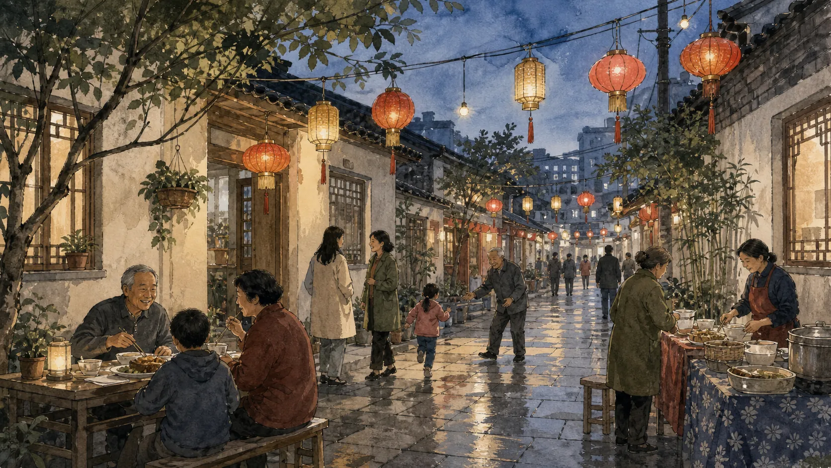 入夜的街巷挂着温暖的手工灯彩,不同年纪的人从小摊旁走过并互相招呼。