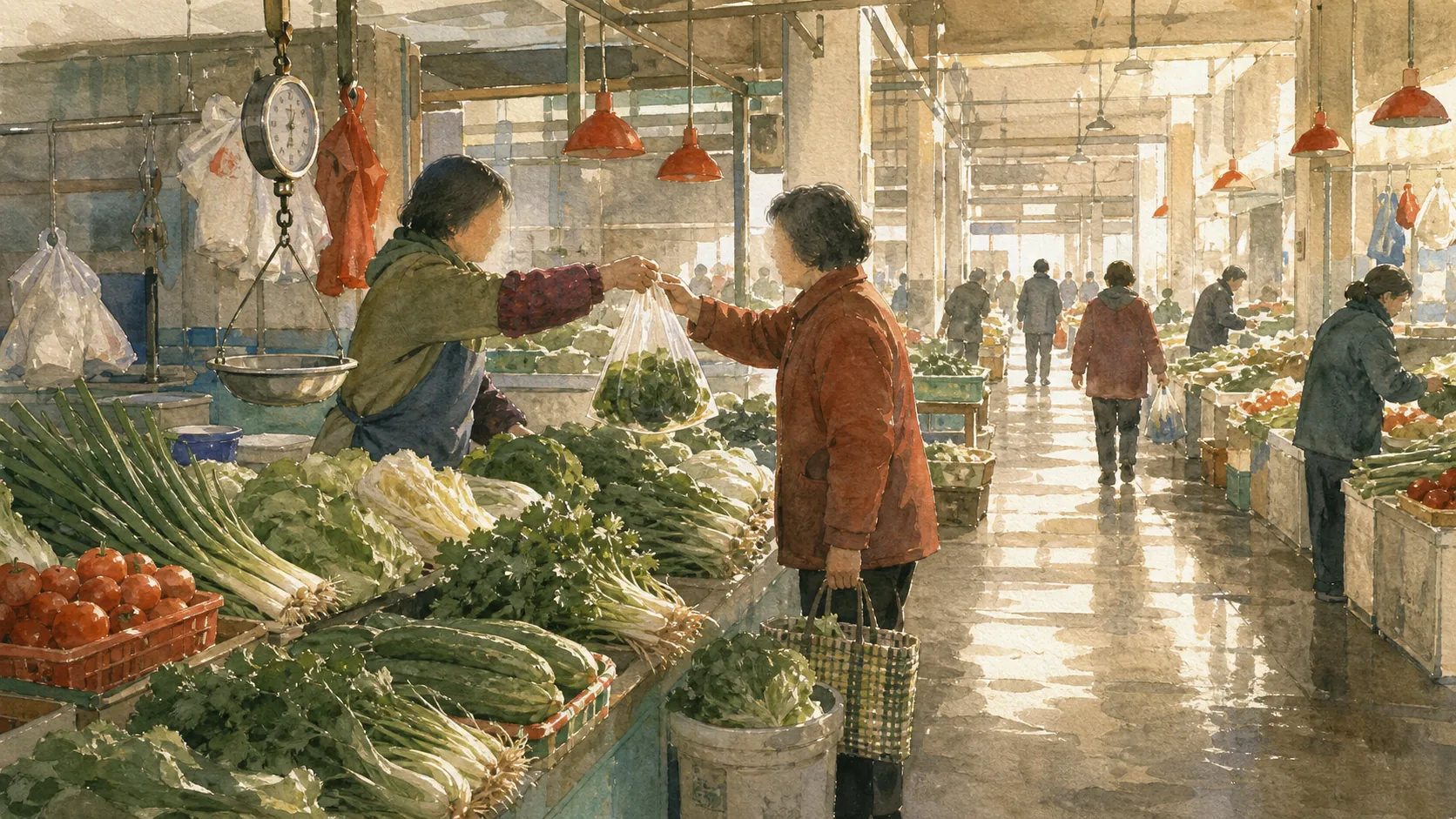 清晨的菜场里,摊主正把一袋绿叶菜递给顾客,长长的过道通向晨光。