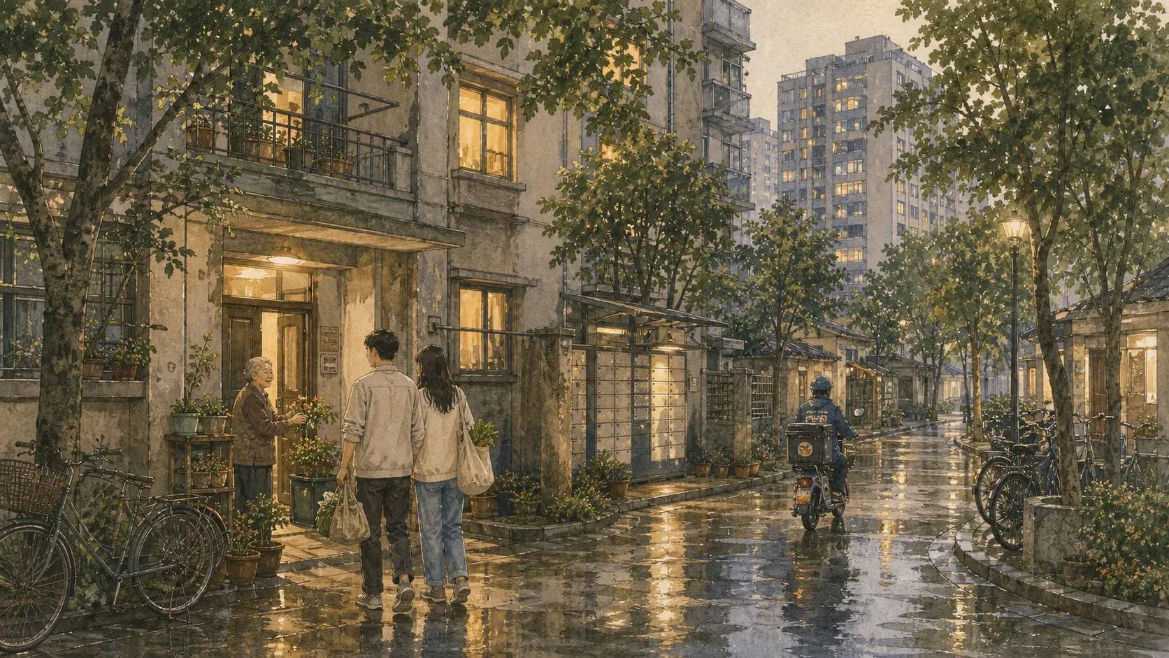 雨后的住宅小区里,一对年轻人提着菜与照料花草的邻居交谈,远处是亮起灯的新楼。
