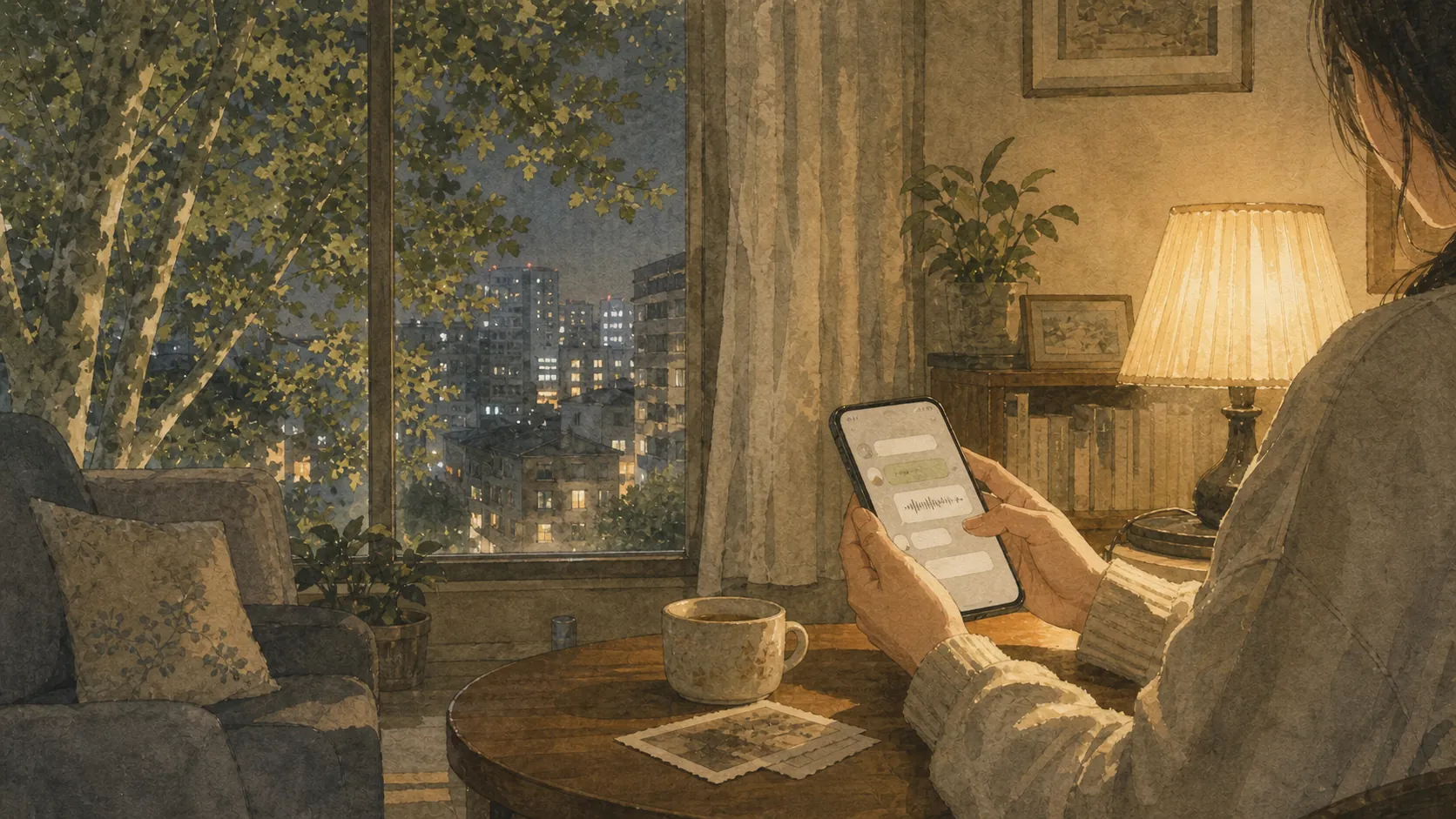 夜晚的客厅里,一个人拿着显示抽象聊天气泡的手机,窗外有树影和城市灯光。