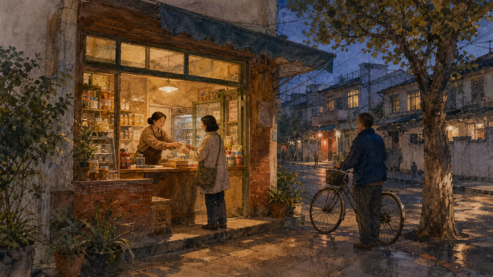 傍晚的街角小店亮着暖灯,店主正在把东西递给站在柜台前的顾客。