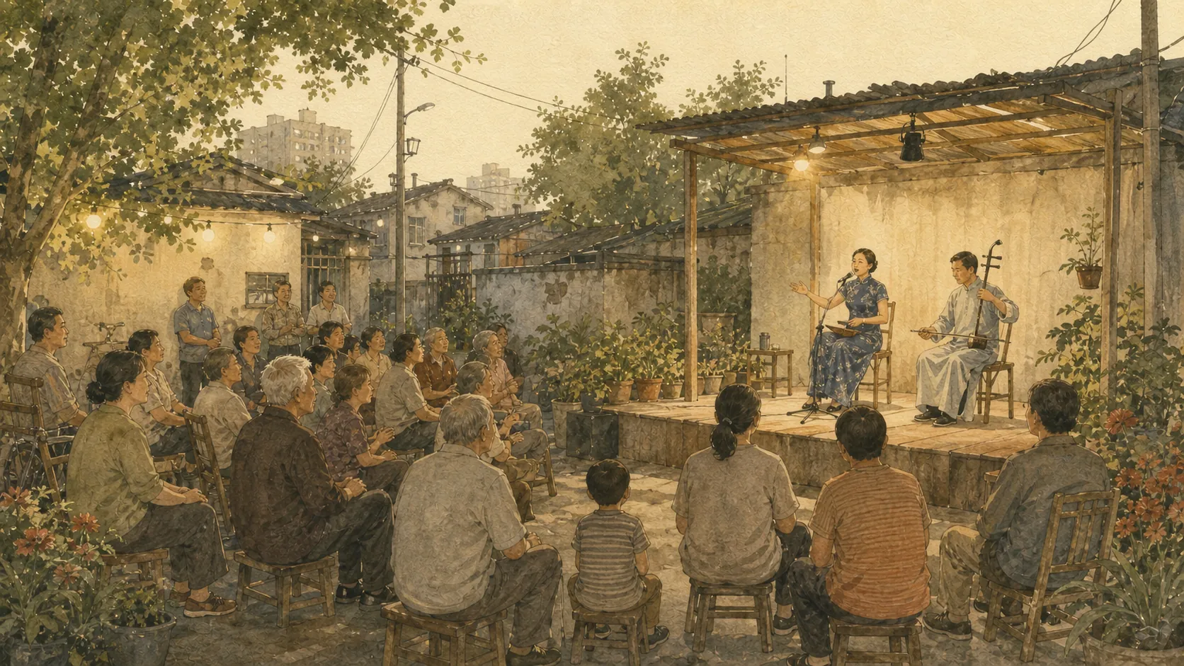 夜晚的小院戏台上,两位成年表演者正在演唱和伴奏,观众坐在近处安静观看。